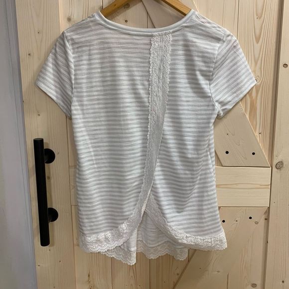 LAUREN CONRAD || Striped - Lace Tee Shirt Elegant Blouse - Picture 1 of 8